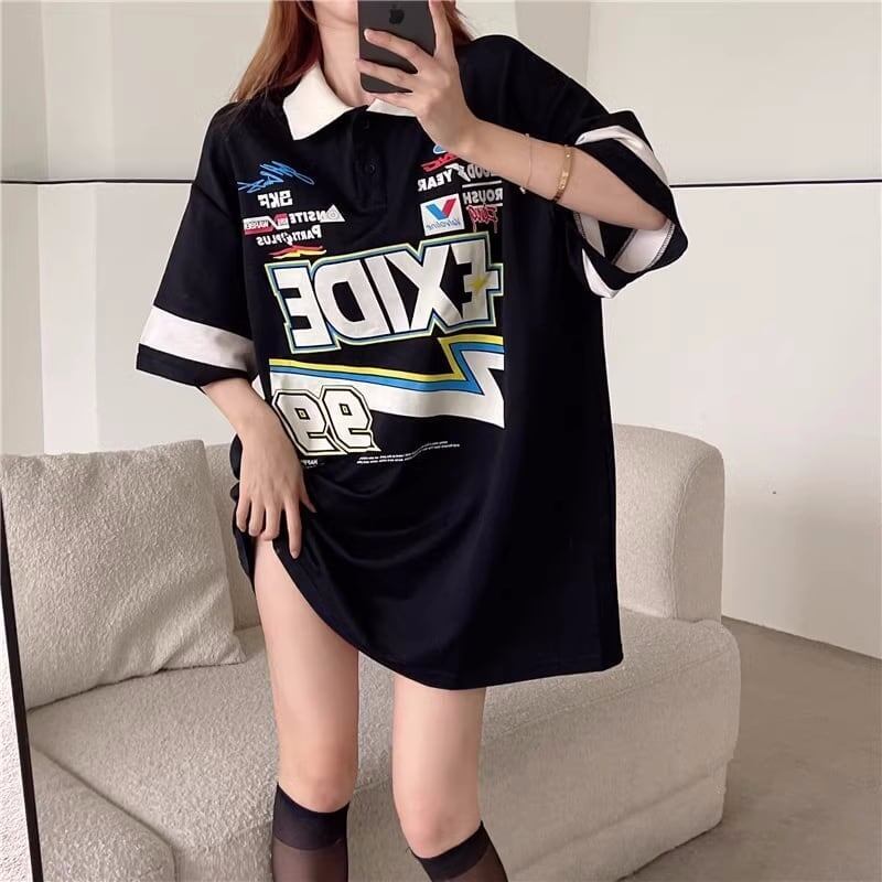 韓国系 オーバーサイズ POLOネック グラフィック ロング Tシャツ 三色 ゆったりワンピース＜S-4025＞