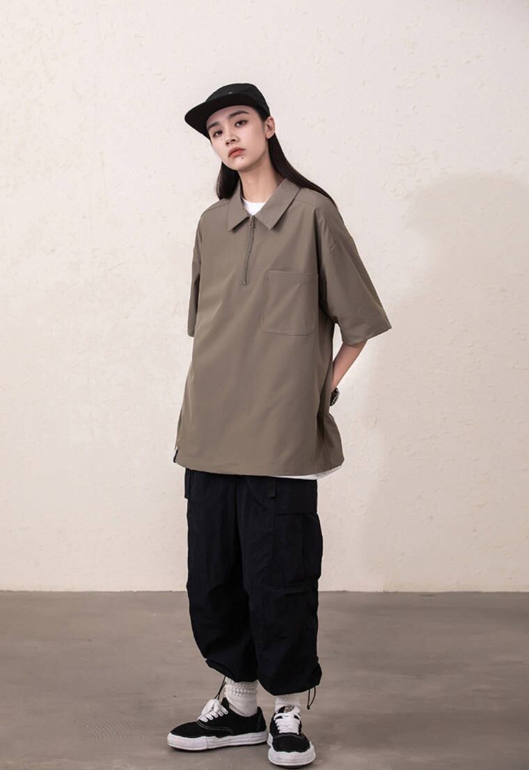 ルーズシルエット ハーフジップ 速乾 半袖 Tシャツ<S-13119>