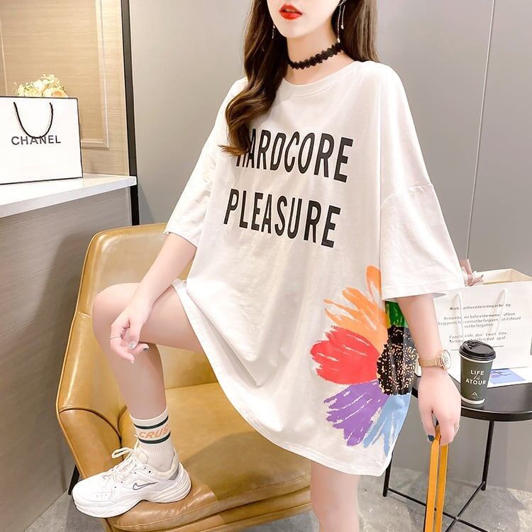 おすすめ アルファベット 花柄 Tシャツ 三色 ゆったり ロング 半袖 ＜S-2946＞