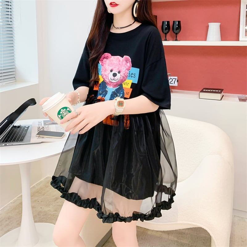 デザインセンスレースステッチフェイクツーピース半袖Tシャツワンピース<S-2964>