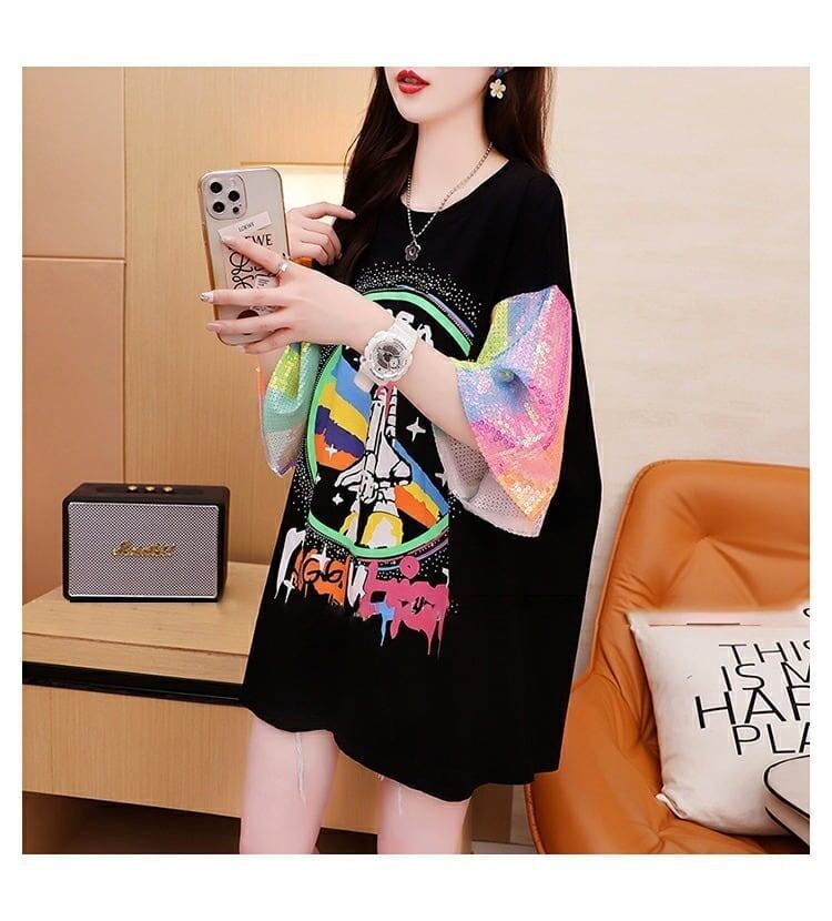 大好評 プリントTシャツ スパンコール切り替え ゆったり半袖＜S-2890＞