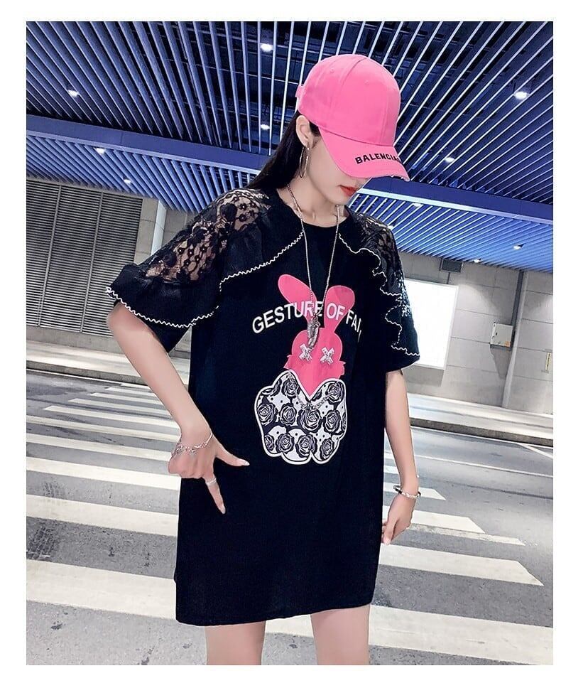 レースステッチアイスシルクニットルーズラビットプリント半袖Tシャツ<S-5038>