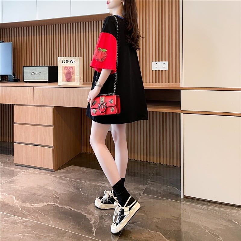 大注目 ドロップショルダー 落書き カラーマッチング プリントTシャツ ゆったり半袖 ＜S-3010＞