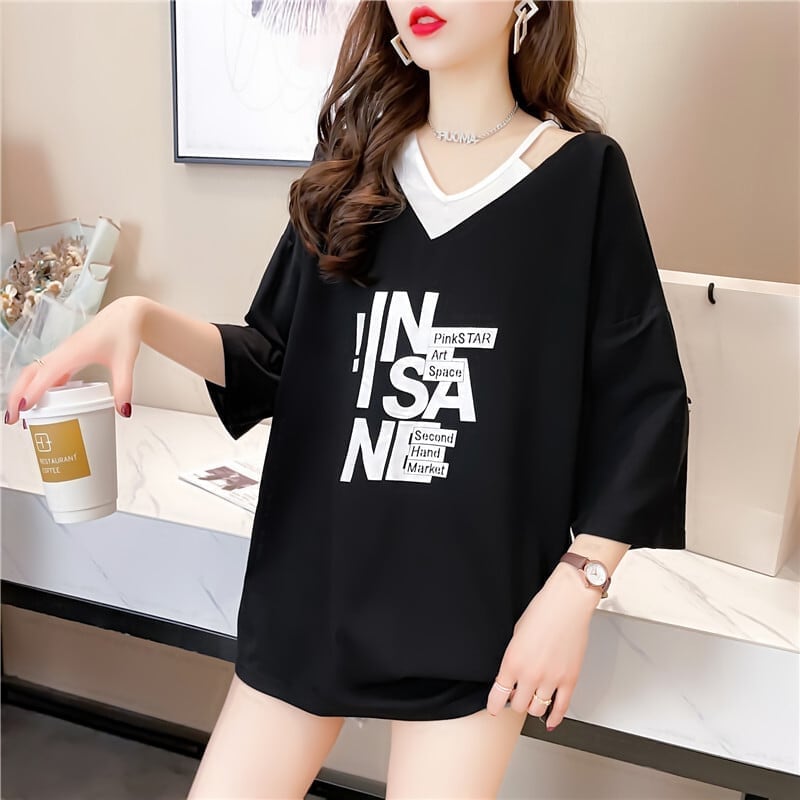 売れ筋 アルファベット Vネック フェイクレイヤード ゆったり 着?せ 半袖 Tシャツ ＜S-2005＞
