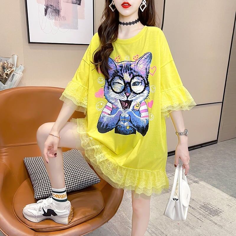 好感度満載 プリント 美感いっぱい Tシャツ カットソー ワンピース＜S-3428＞