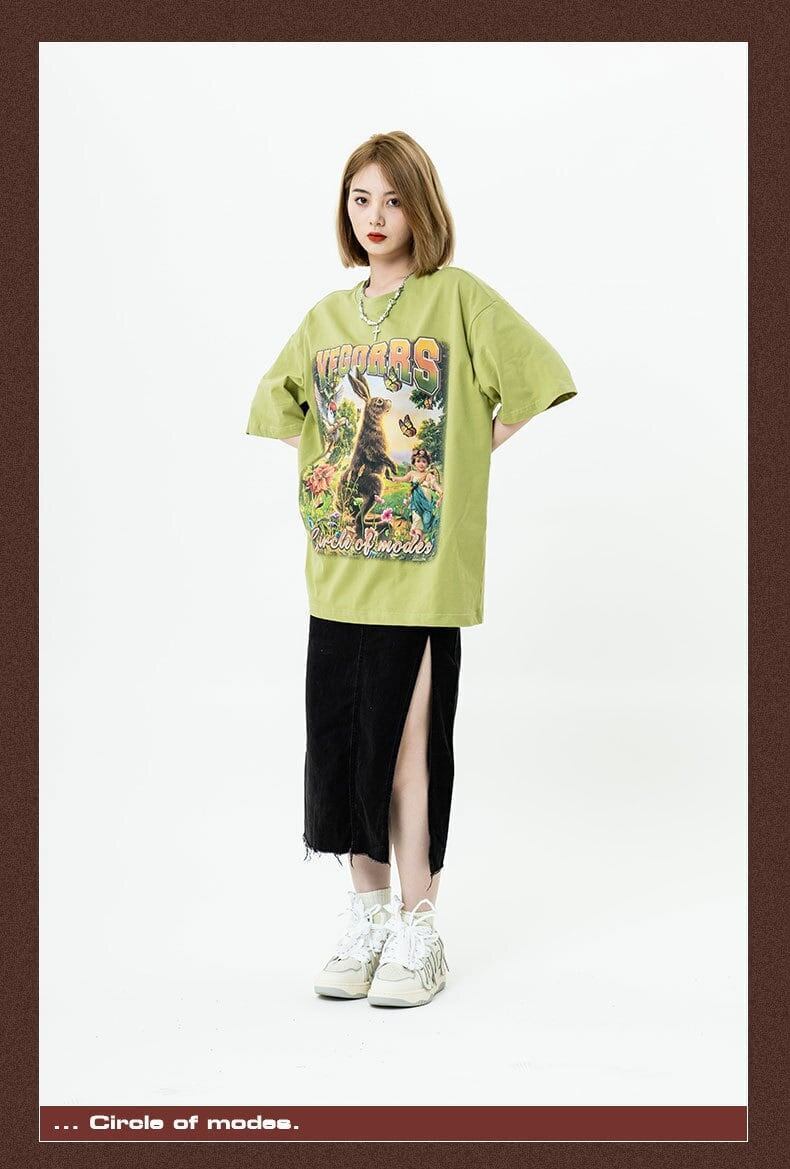 アメリカンレトロ絵画ウサギ半袖Tシャツカップル男女同スタイル<S-2910>