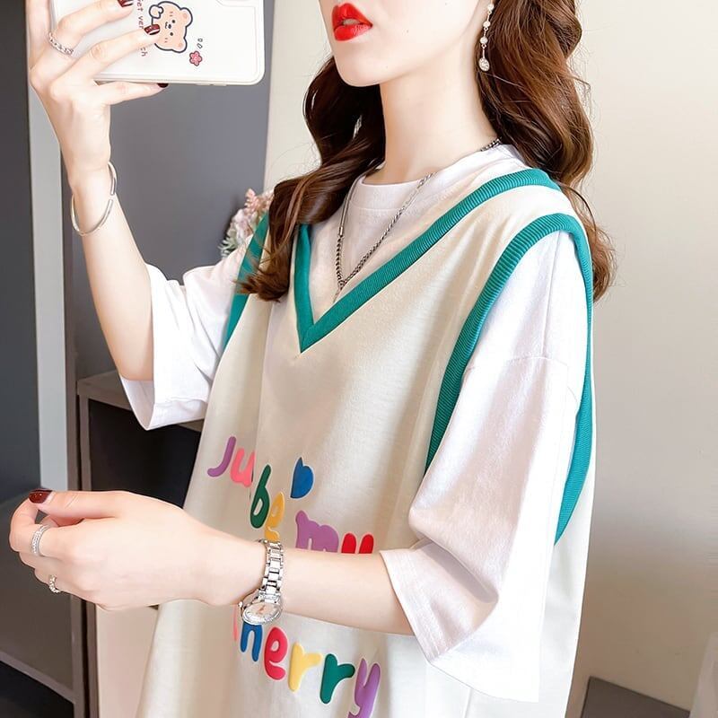 絶対欲しい レイヤード アルファベット Tシャツ ゆったり ロング 半袖 ＜S-2943＞