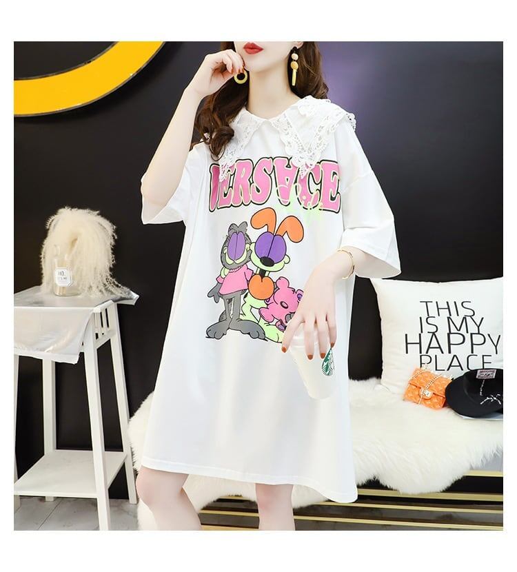 デザインセンスのあるミドル丈のトレンドプリントドールカラー半袖Tシャツワンピース<S-3018>