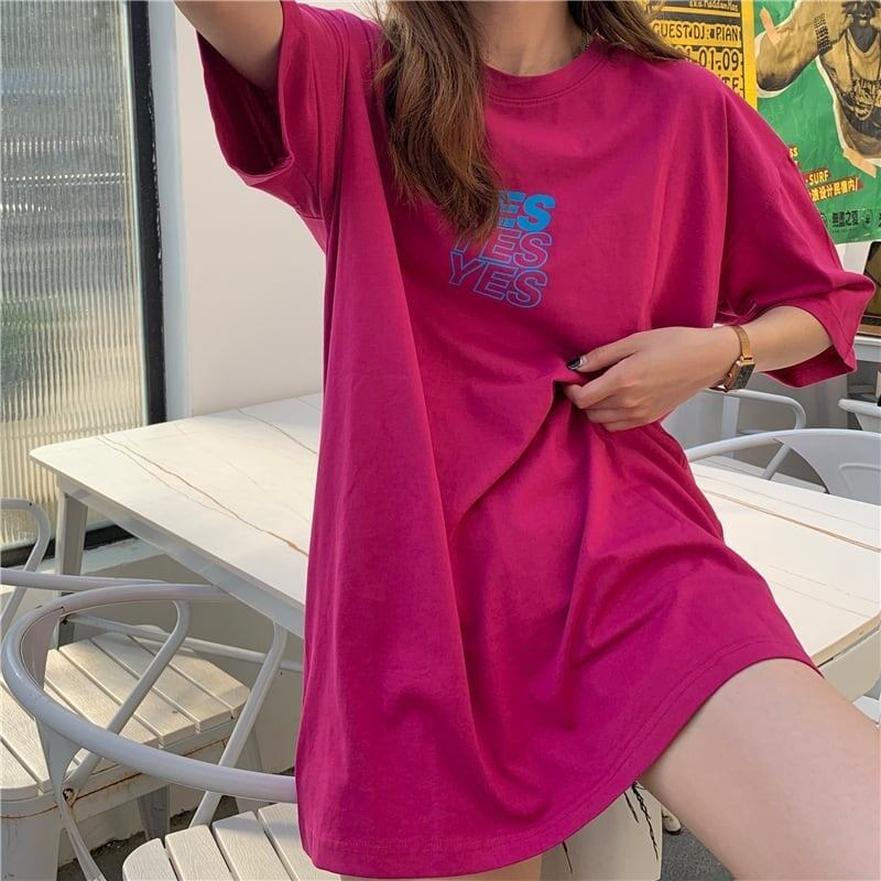 着心地良い プリント アルファベット ロング Tシャツ ゆったり半袖 ＜S-2851＞
