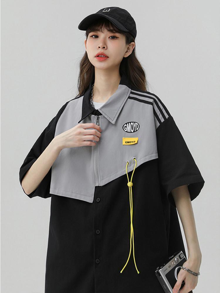 シンプルだけど一癖あるコーデ 切り替え レイヤード風 全2色 半袖Tシャツ<S-9046>