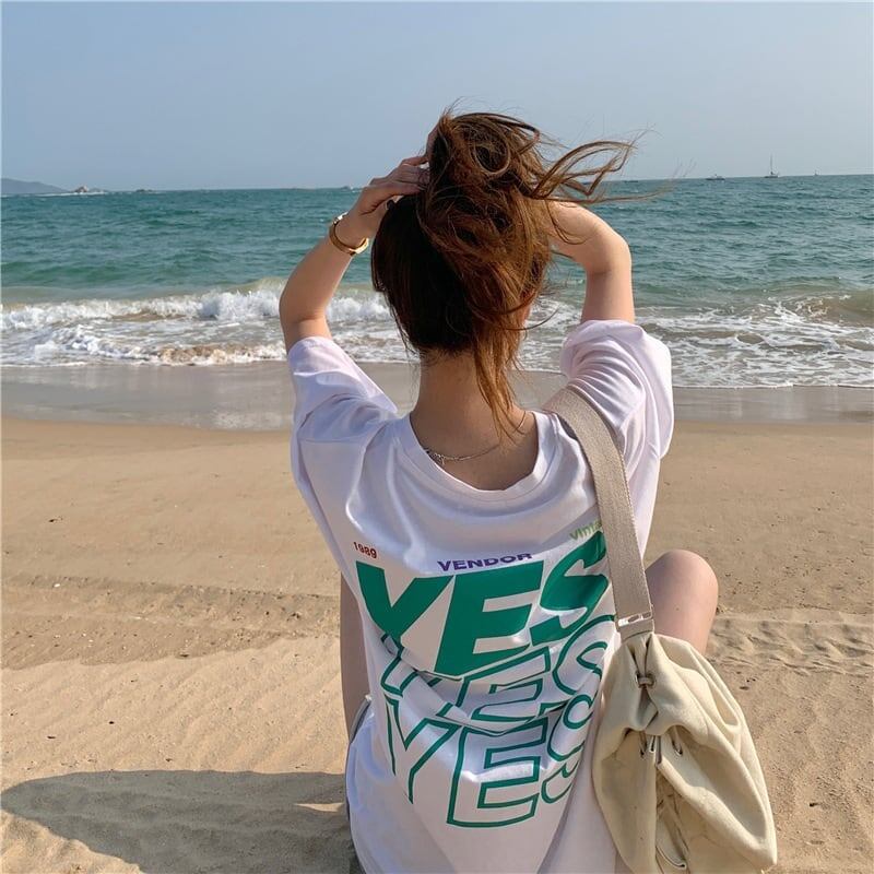 着心地良い プリント アルファベット ロング Tシャツ ゆったり半袖 ＜S-2851＞