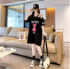 売り切れ必至 Vネック セクシー 切り替え チュール プリントTシャツ ゆったりワンピース ＜S-3050＞