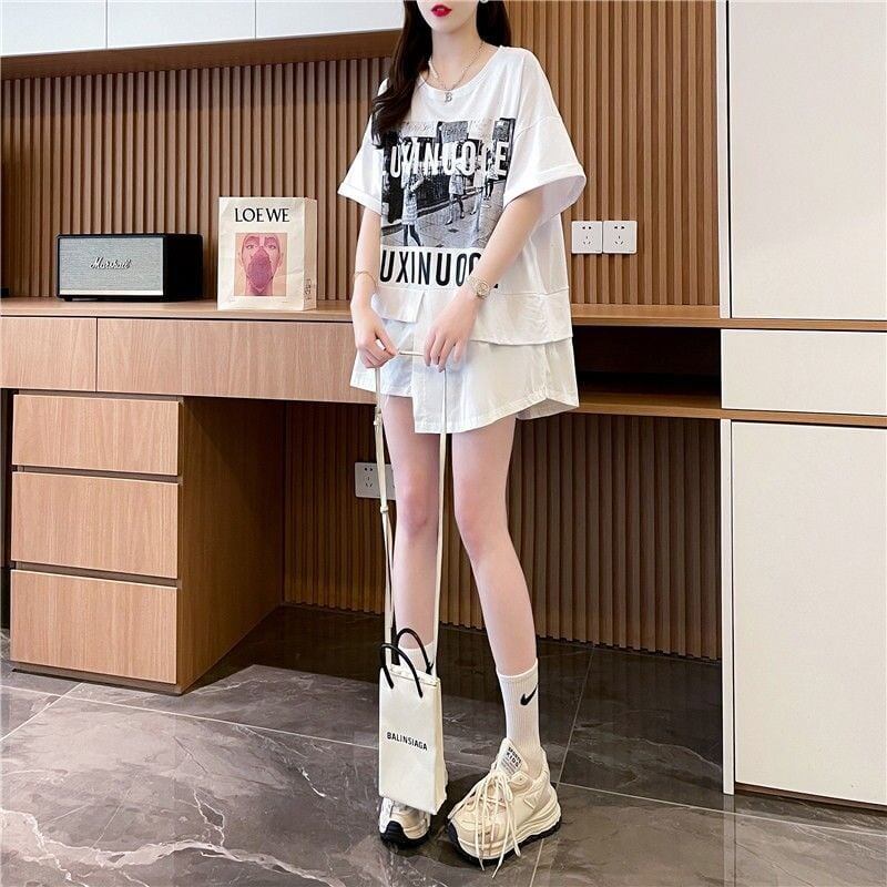 絶対流行 レイヤード風 レース プリント全2色 半袖Tシャツ<S-8821>