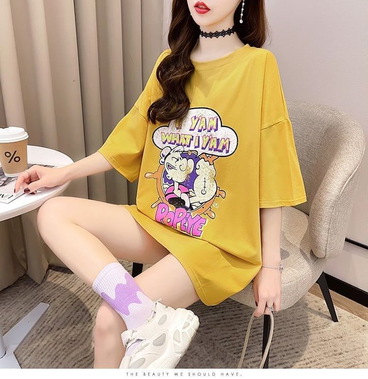 【半額！期間限定！！】グラフィック レース 透かし彫り ロング Tシャツ ゆったりワンピース ＜S-4021＞