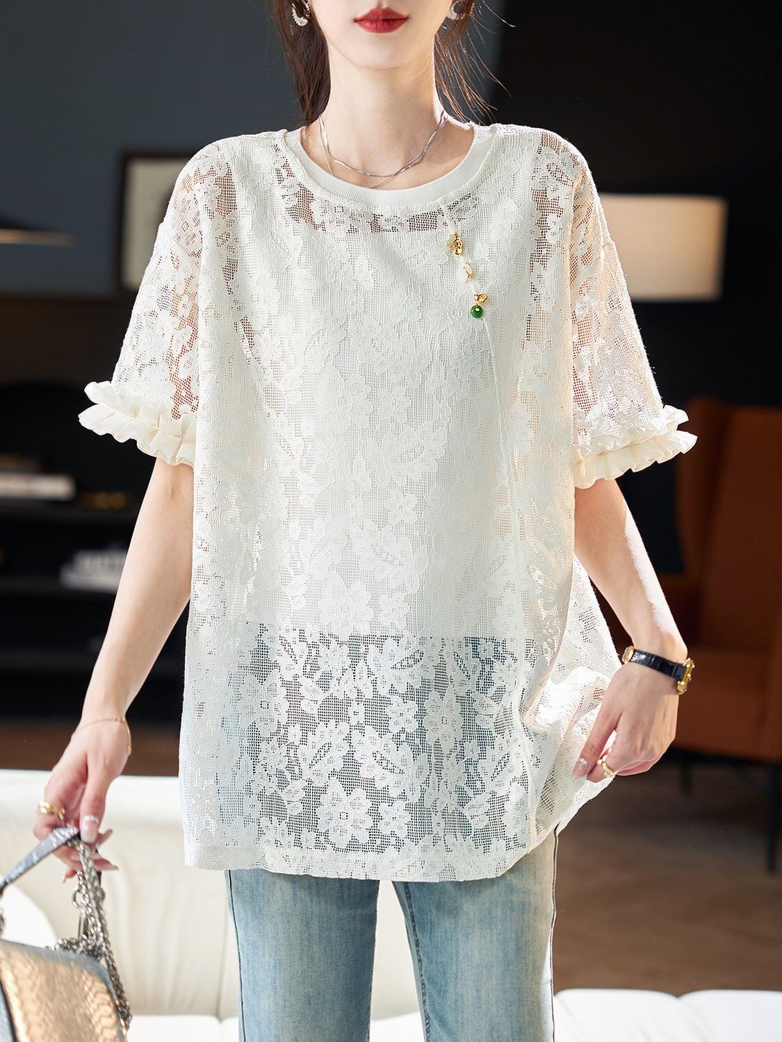 好感度UP カジュアル 今季マストバイ ファッション 透かし彫り Tシャツ<S-8396>