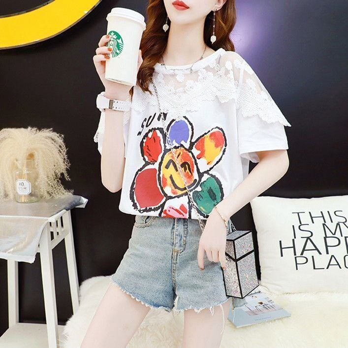大人可愛い 切り替え レース 透かし彫り プリント全2色 半袖Tシャツ カットソー ＜S-8560＞