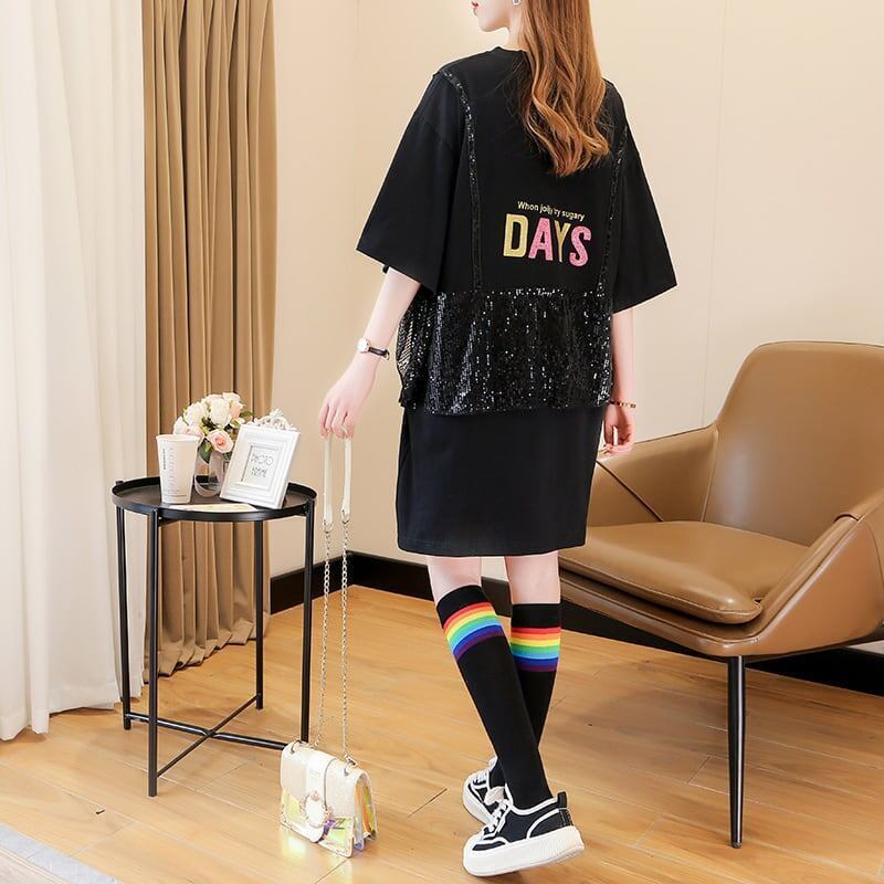 おすすめ アルファベット スパンコール プリントTシャツ ゆったりワンピース＜S-2993＞