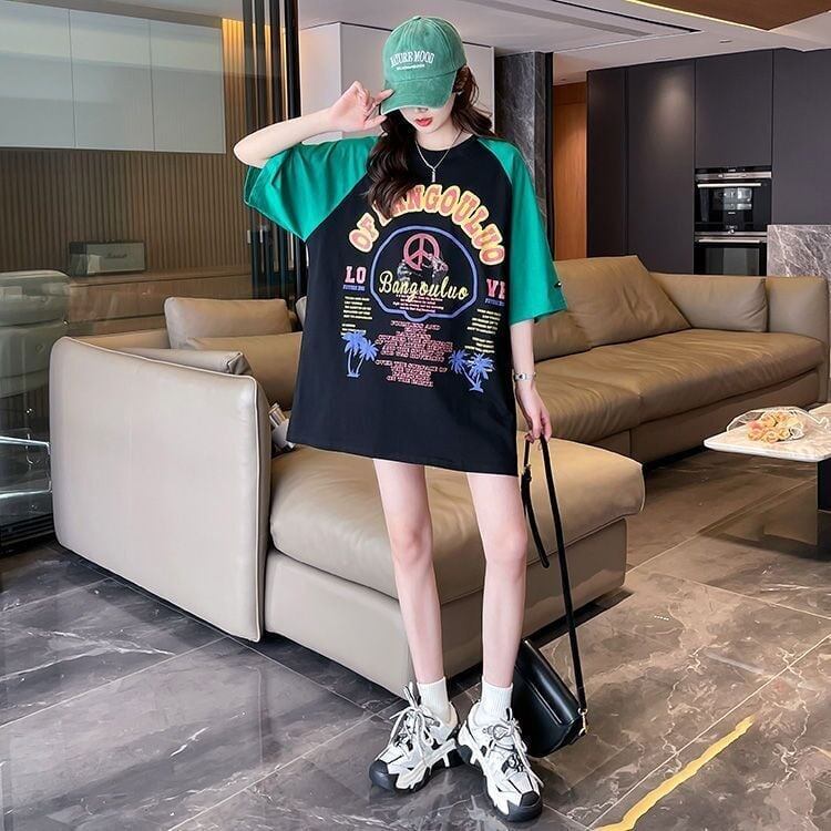 夏新作 配色 プリント ロング ラグランTシャツ 三色 ゆったりワンピース ＜S-4003＞