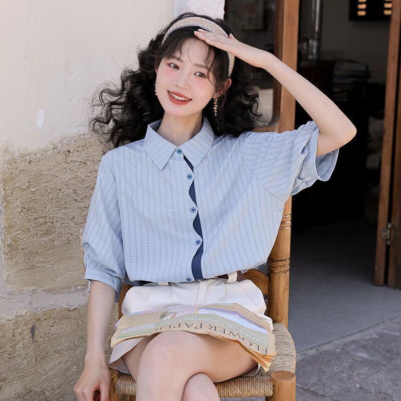 好感度UP 上質 美人度アップ 知的 ストライプ柄 3色選択 半袖シャツ＜S-9047＞