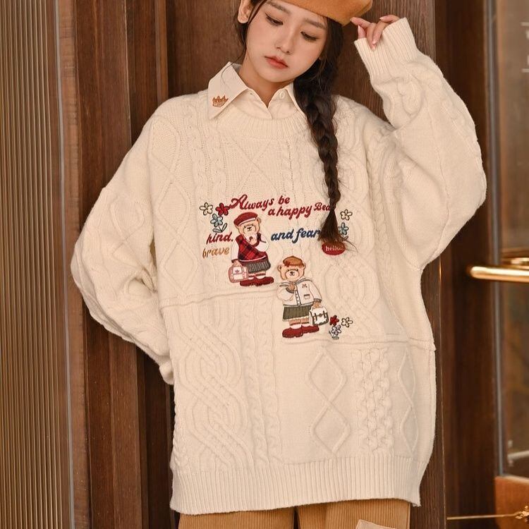 超人気 気質アップ 絶対欲しい Vネック 刺繍 切り替え2色選択 ニットトップス<S-9577>