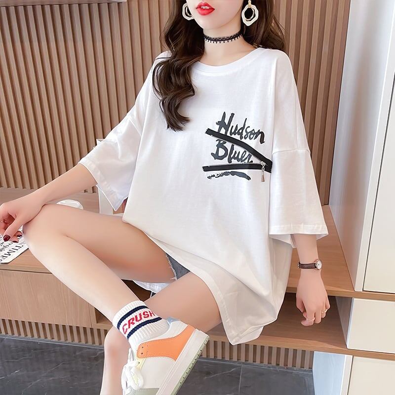 デザイン個性ゆったりミドル丈半袖Tシャツ<S-3036>