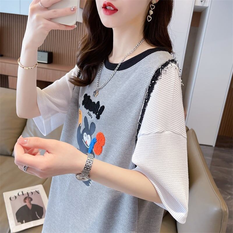 ワッフルフェイクツーピース漫画立体刺繍半袖Tシャツ<S-2871>