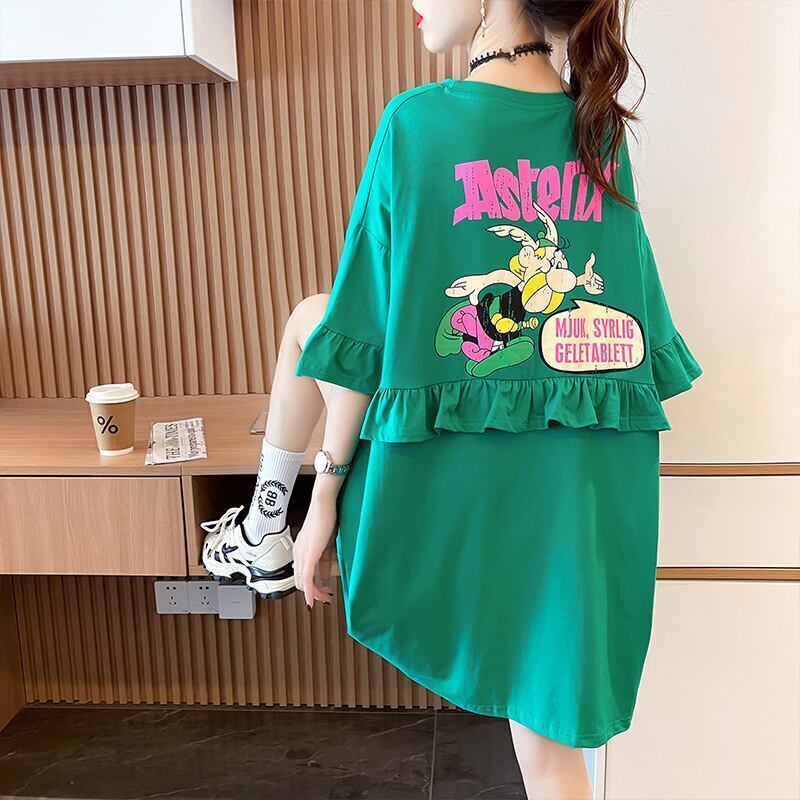 【半額！期間限定！！】合わせやすい 切り替え フリル プリント Tシャツ ゆったりワンピース＜S-3008＞