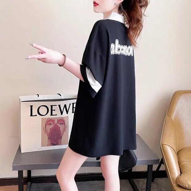 韓国系 猫柄 POLOネック ロング プリントTシャツ ゆったり半袖 ＜S-2894＞