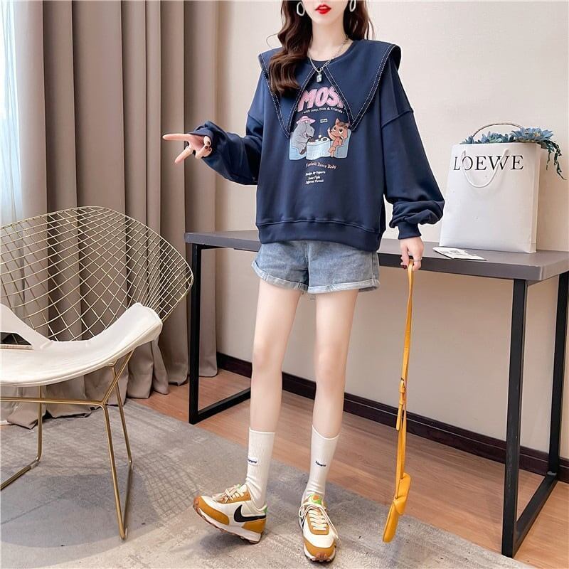 絶対欲しい グラフィックプリント セーラ服の襟 三色 長袖Tシャツトップス<S-4036>