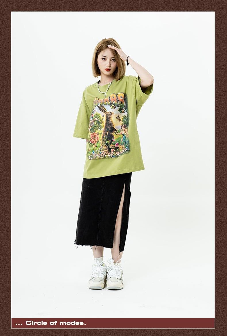 アメリカンレトロ絵画ウサギ半袖Tシャツカップル男女同スタイル<S-2910>
