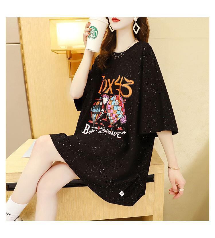 好感度UP プリント バックオープン ロング Tシャツ ブラック ゆったり ワンピース＜S-3001＞