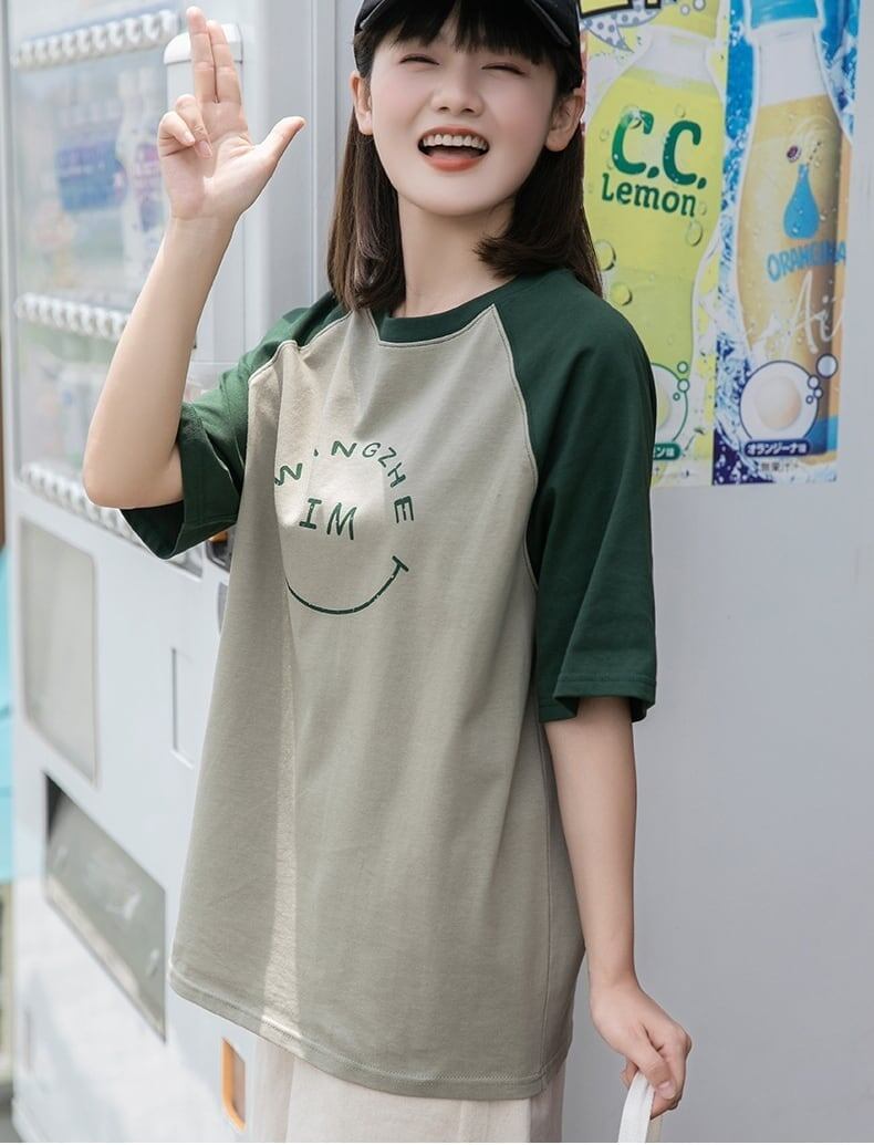 カラーマッチング スマイル ラグランTシャツ アルファベットプリント半袖 ＜S-2972＞