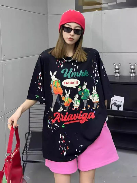 早い者勝ち キュート ファッション ルーズ 落書き風 プリント半袖Tシャツ 全3色<S-4913>