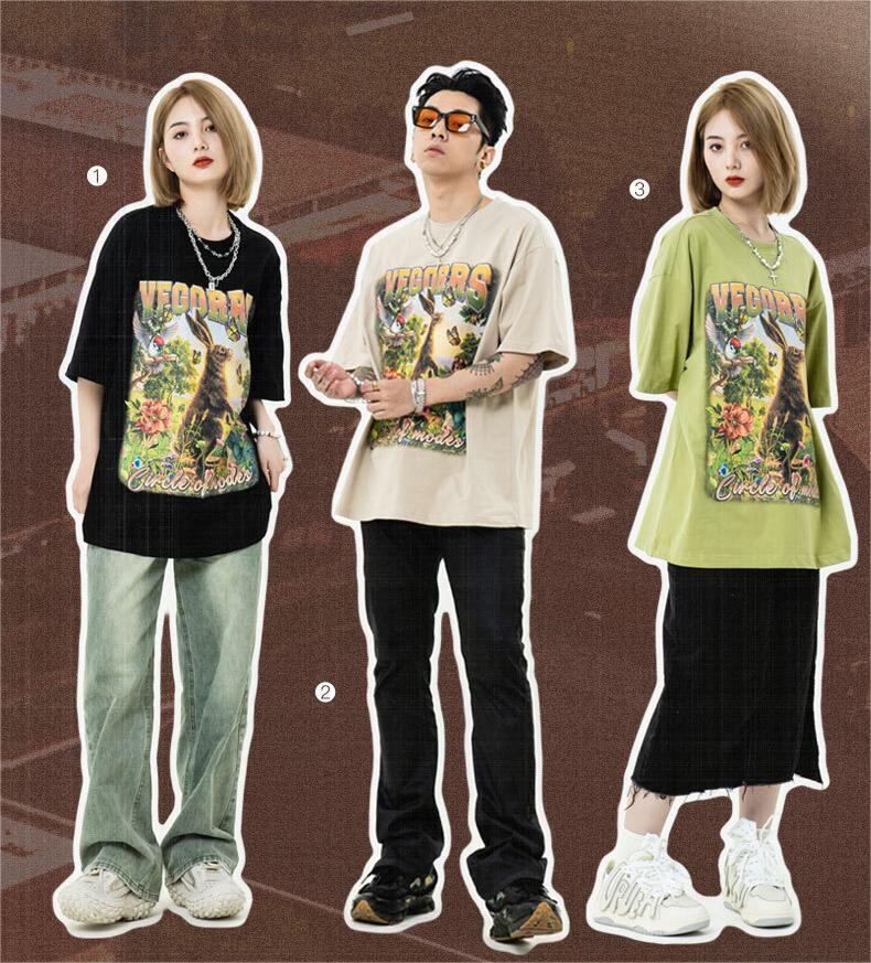 アメリカンレトロ絵画ウサギ半袖Tシャツカップル男女同スタイル<S-2910>