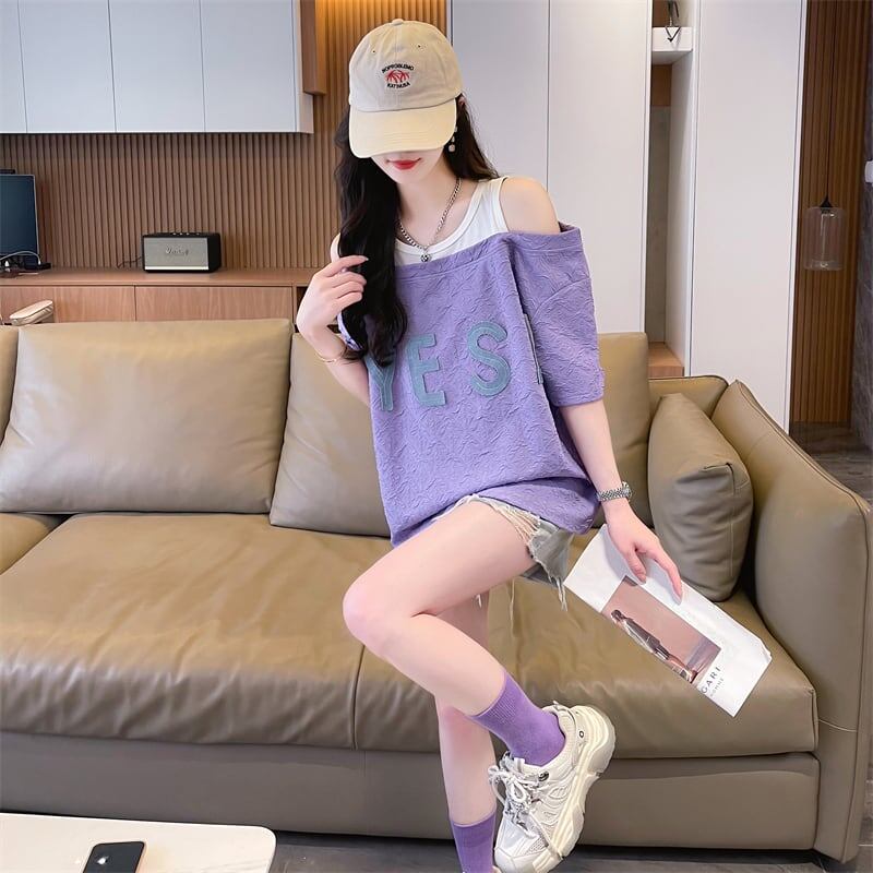 新商品 ゆったり カジュアル プリント オープンショルダー 2色 半袖Tシャツ＜S-8282＞