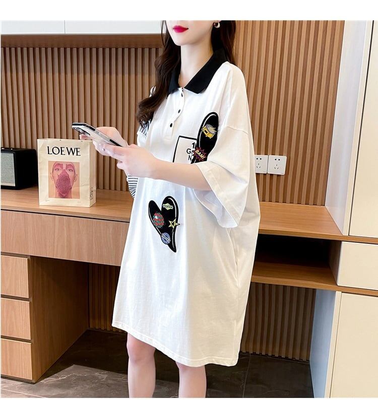 POLOネック 切り替え ストライプ柄 ロング Tシャツ ゆったりワンピース ＜S-3031＞