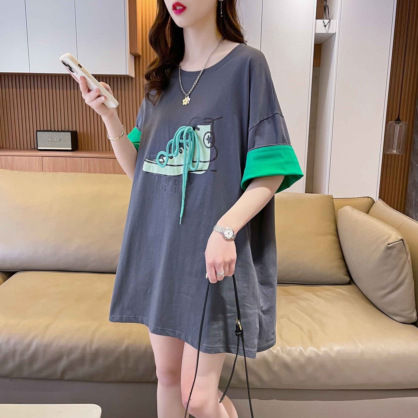 韓国系 プリント ラウンドネック ロング Tシャツ ゆったり半袖 ＜S-2988＞