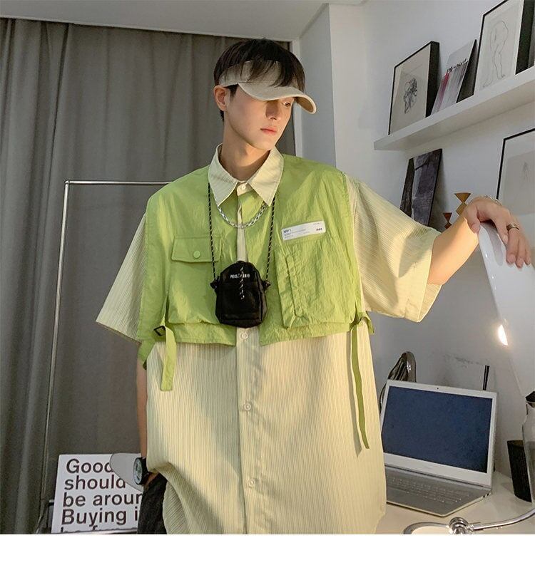 期間限定 ファッション 個性派 レイヤード風 切り替え プリント全3色 男女兼用 半袖Tシャツ<S-9044>