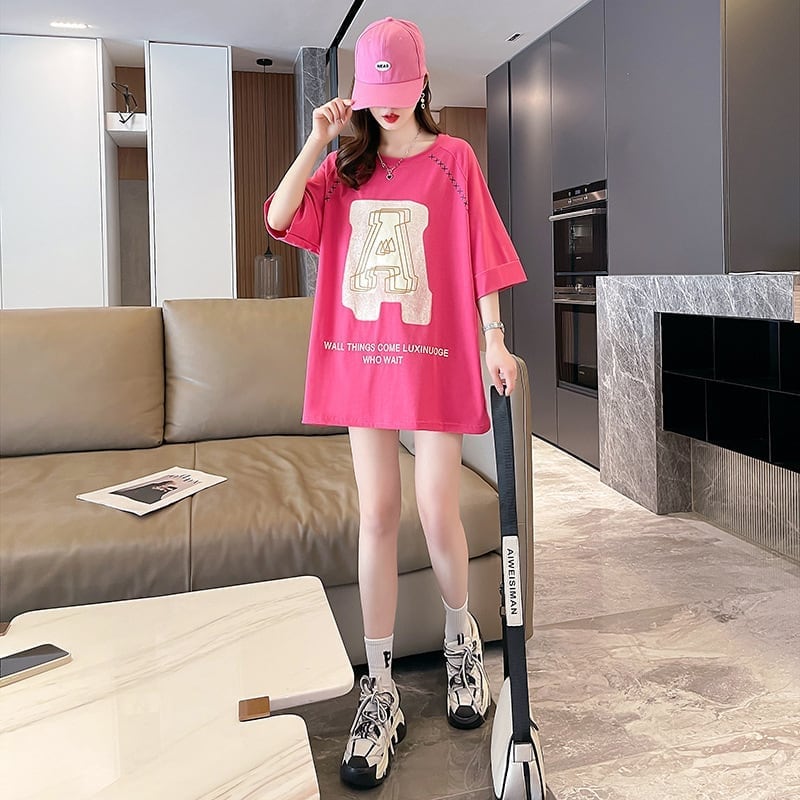 超人気商品 ロング アルファベット プリントTシャツ 三色 ゆったり半袖 ＜S-4019＞