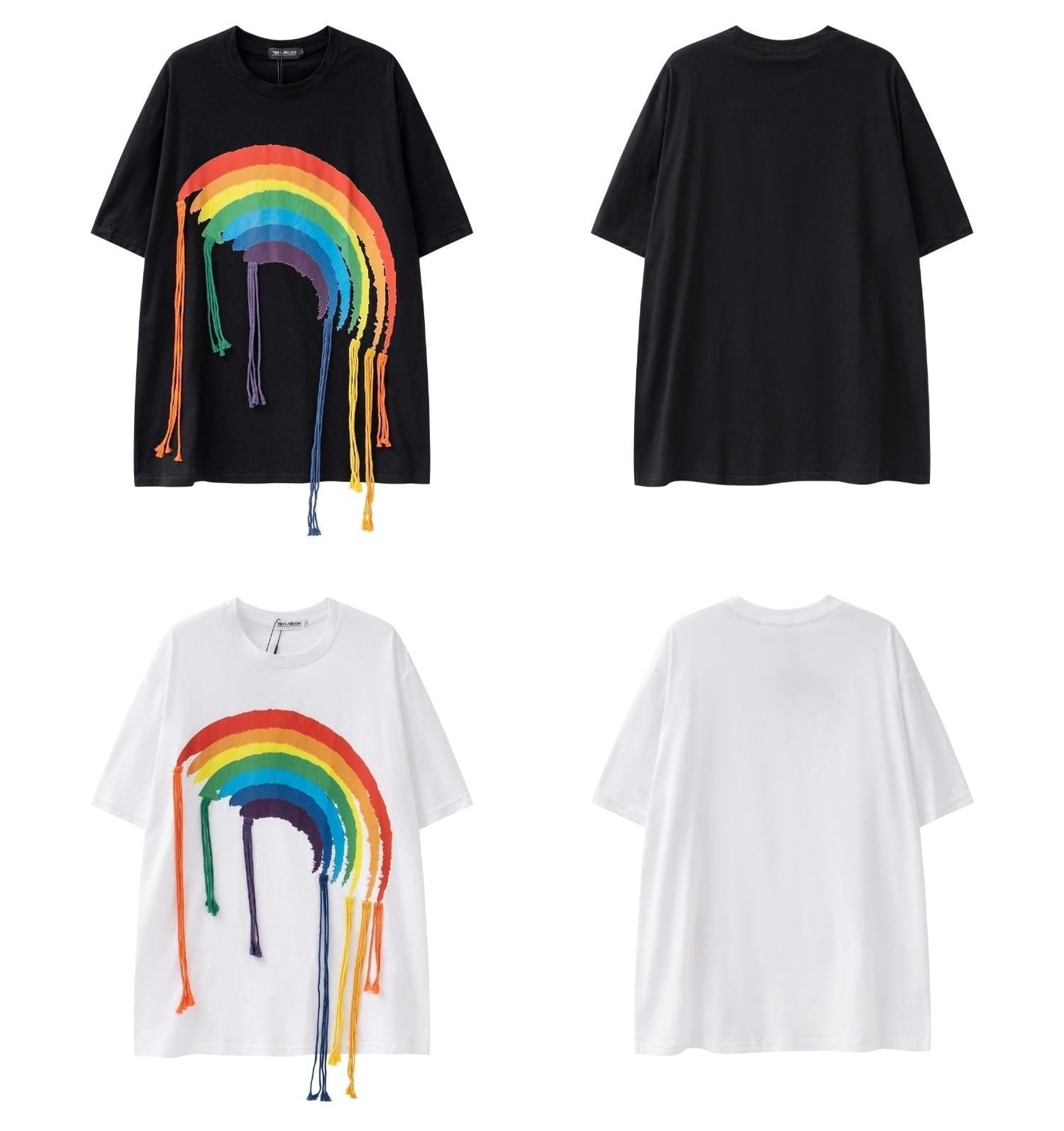 好感度UP 虹ロゴ タッセル ゆったり Tシャツ 全2色 ユニセックス半袖<S-4863>
