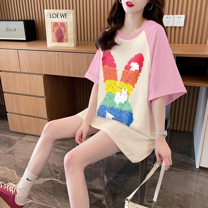 美人度アップ Tシャツ 可愛いウサギ 丸襟 半袖＜S-2824＞