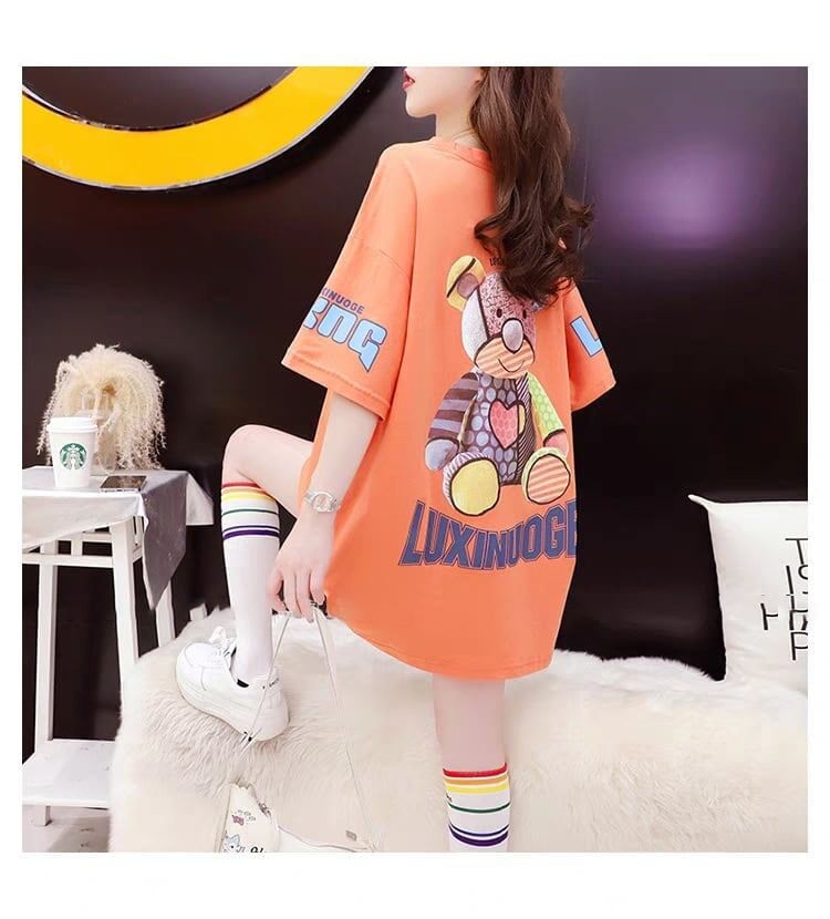 質感のいい アルファベット 熊柄 ドロップショルダー オーバーサイズ Tシャツ ＜S-2878＞