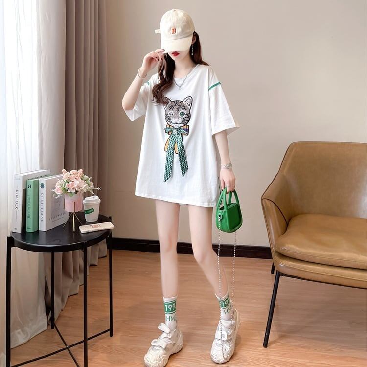質感のいい 猫刺繍 立体のリボン ロング Tシャツ ゆったり半袖 ＜S-2919＞