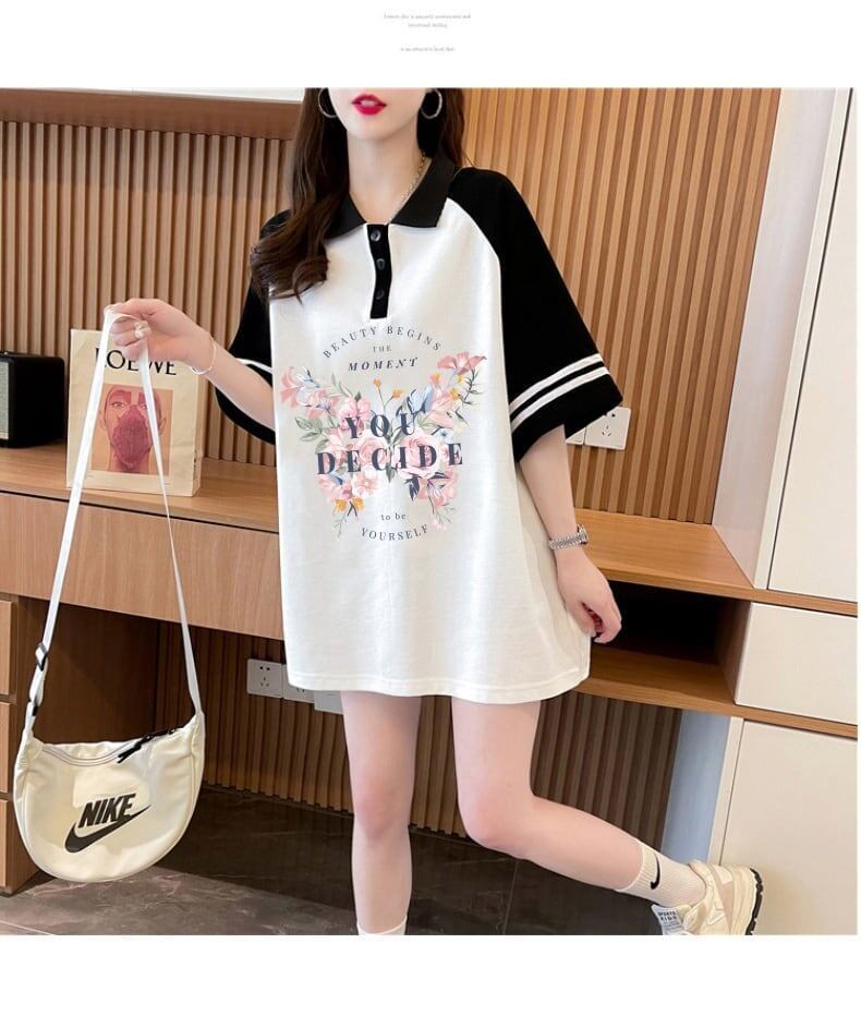 POLOネック プリント バタフライ ロング ラグランTシャツ ゆったりワンピース ＜S-3023＞
