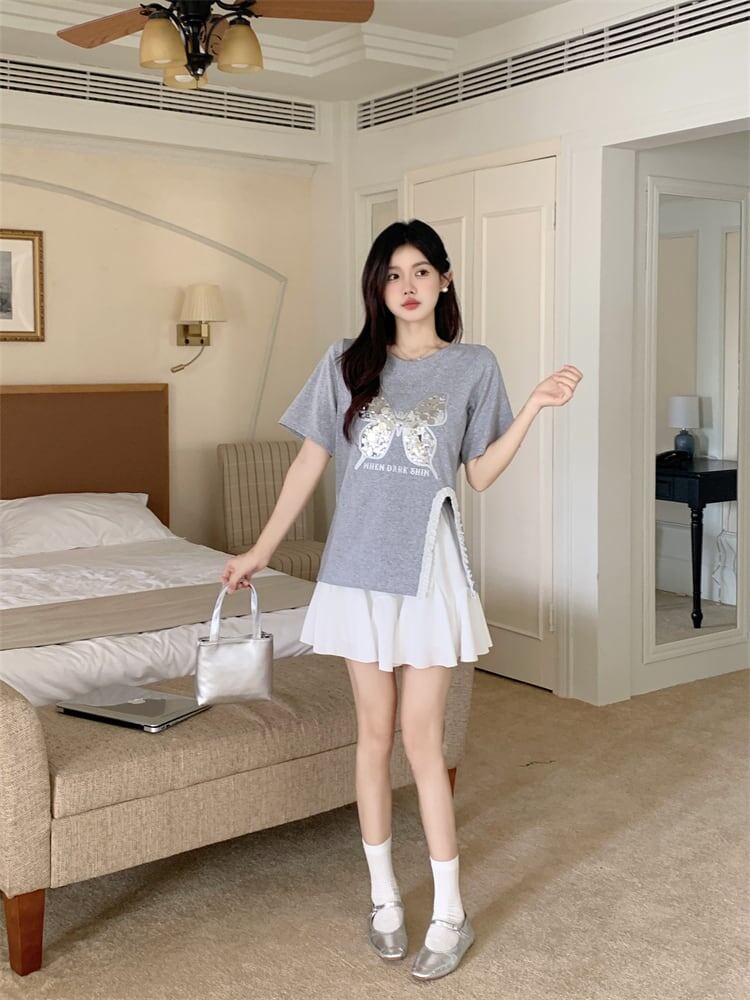 絶対欲しい キュート 超人気 ピンク プリント スパンコール 3色選択 半袖Tシャツ＜S-8570＞
