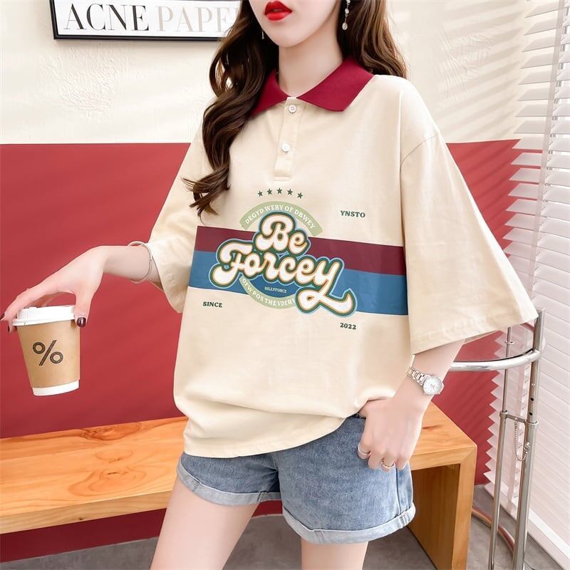 スタイルアップ グラフィック POLOネック ドロップショルダーTシャツ ゆったり半袖 ＜S-3048＞