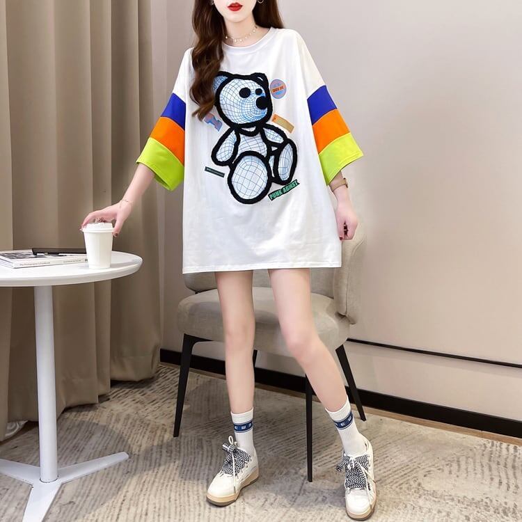 超人気商品 カラーマッチング ベアー柄 切り替え プリント ロング Tシャツ ゆったりワンピース ＜S-4024＞