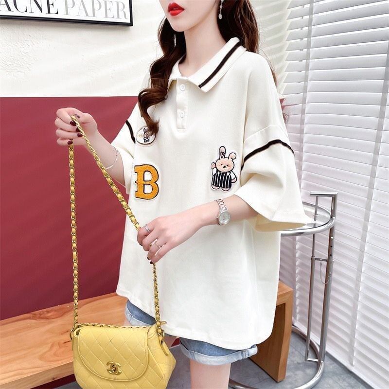 韓国系 ロング POLOネック Tシャツ 四色 ゆったり半袖 ＜S-2869＞