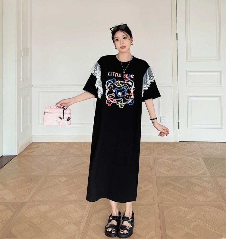 おすすめ レース ファッション 切り替え プリント Tシャツ カットソー ワンピース＜S-8535＞