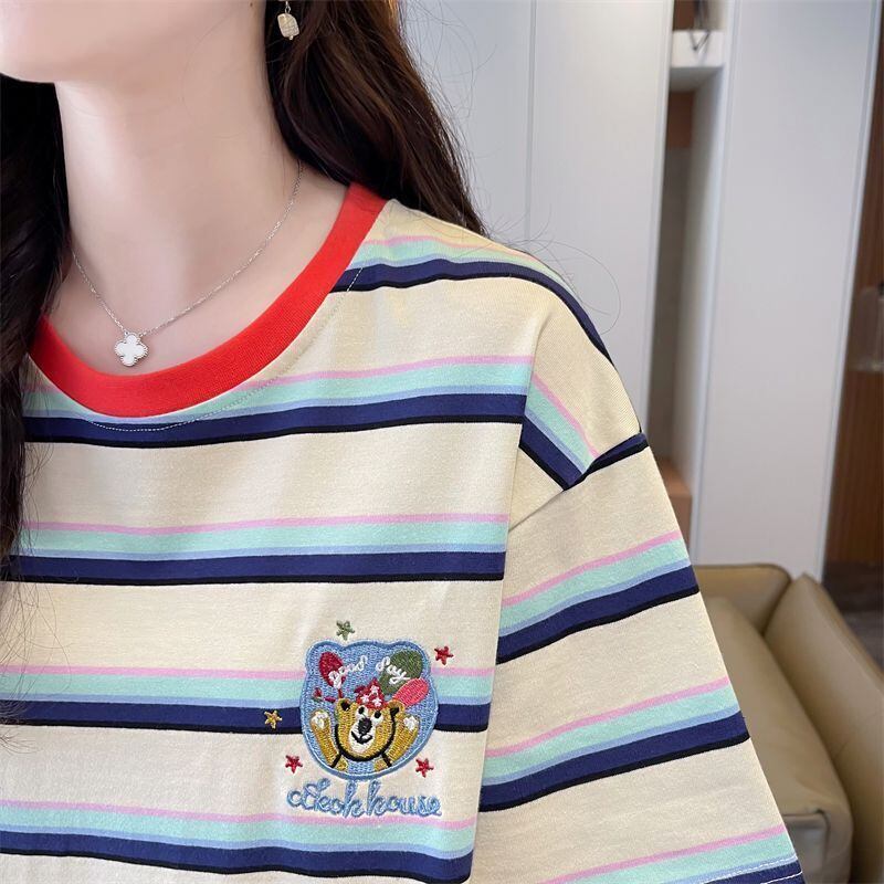 大人可愛い ストライプ柄 カジュアル 刺繍 半袖Tシャツ カットソー ＜S-8571＞